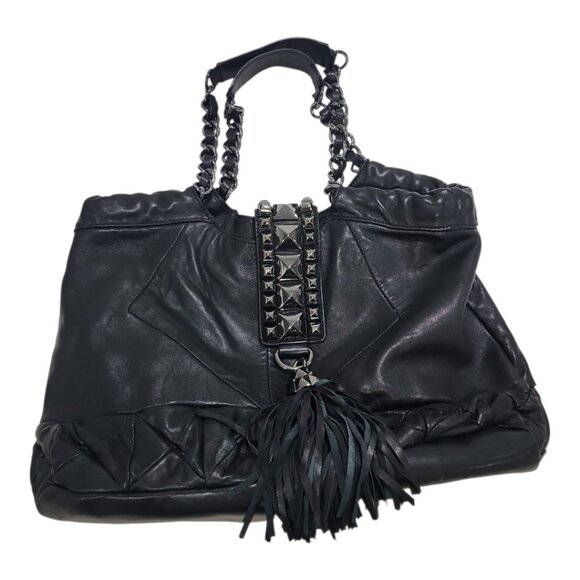 Betsey Johnson Whips & Studs 100% Lambskin Hobo Matte black Shoulder Bag Punk - Picture 1 of 12